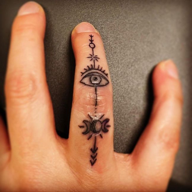 Fine Line eye, moon and sun tattoo design for women on finger tattoo ideas