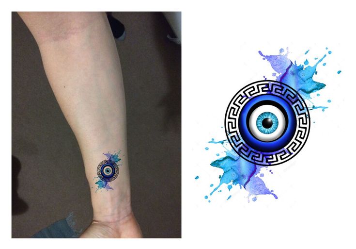 Watercolor evil eye and Greek pattern tattoo design for women on wrist tattoo ideas